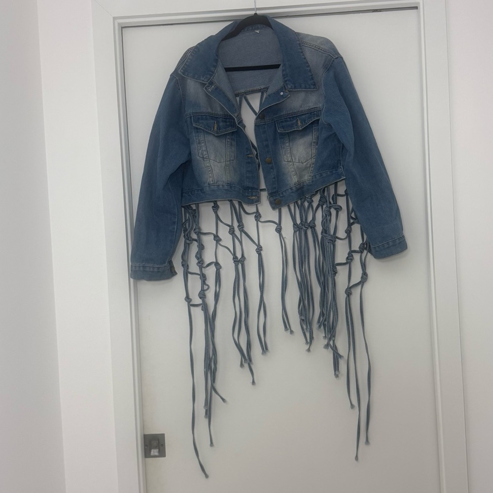 Cropped Denim Fringe Jean Jacket Back Hollow Out Knotted Tassel Distressed XXL - Picture 5 of 14